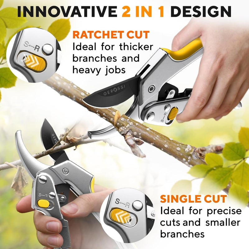 GEROSSI Ratchet Pruning Shears for Gardening Heavy Duty - Increases Cutting Power 3x - Perfect Ratchet Pruners for Weak Hands & Arthritis - 8” Anvil Garden Clippers - Sharp Blade for Effortless Cutting-Yellow - Image 4